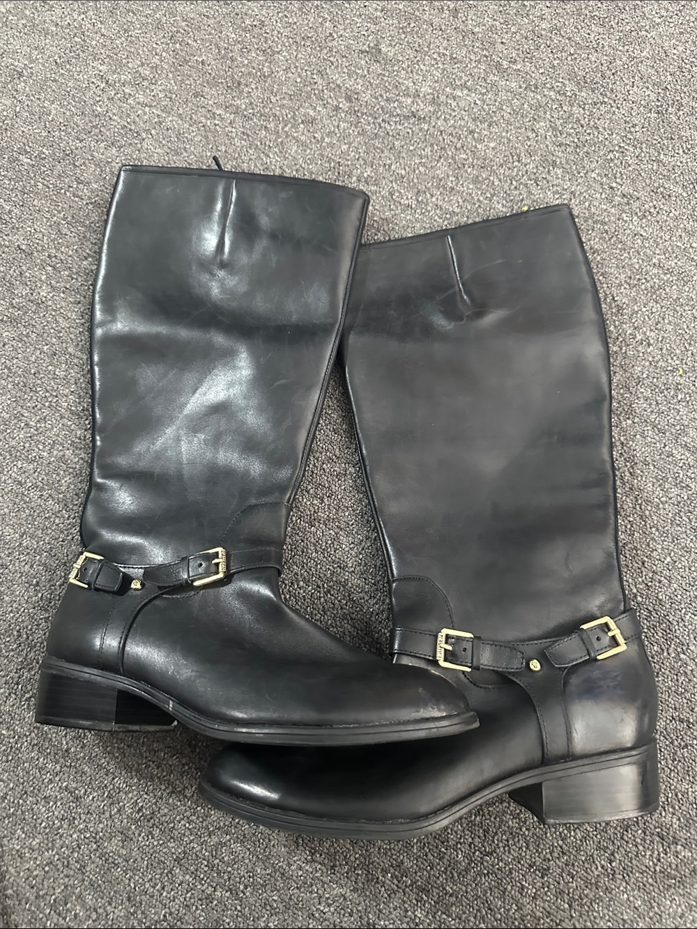 Polo by Ralph Lauren Black Leather Mid-Calf Riding Boots with Gold Buckles